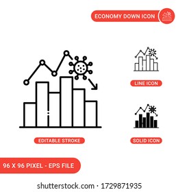 Economy down icons set vector illustration with solid icon line style. Coronavirus impact concept. Editable stroke icon on isolated background for web design, infographic and UI mobile app.