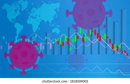 Economy down on the stock exchange and the global economy because coronavirus or covid-19 impact. Background concept with of coronavirus, world map, bars of chart and candlestick. Vector Illustration.