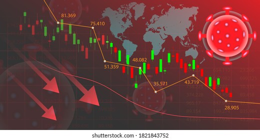 Economy down on the stock exchange and the global economy because coronavirus or covid-19 impact. Background concept with of coronavirus, world map, bars of chart and candlestick. Vector Illustration.