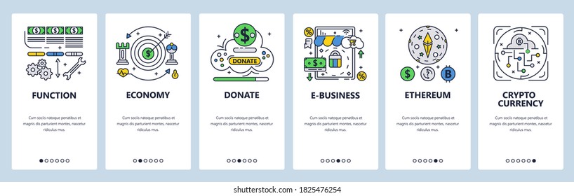 Economy and electronic business. Cryptocurrency. Mobile app onboarding screens. Vector banner template for website and mobile development. Web site design illustration.