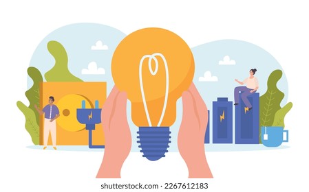 Economy of energy flat composition with human hands holding lamp bulb icons of batteries power socket vector illustration