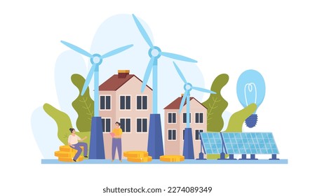 Economy of energy flat composition with outdoor scenery wind turbines solar batteries among houses and people vector illustration