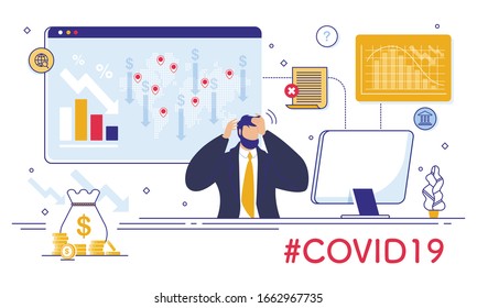 Economy Falling, Financial Crisis and Stock Price Drop Crash due to Coronavirus Outbreak. Businessman Trader in Despair Sitting at Table Front of Computer. Cash Loss Chart and Graph Arrow Downfall