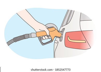 Economy, filling, petrol concept. Human hand refueling car on fuel station or pumping petroleum gasoline oil. Service fulfilling gas biodiesel into vehicle tank. Automotive industry transportation.