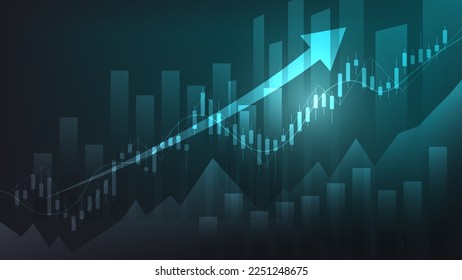 Economy and finance background concept. financial business statistics stock market candlesticks and bar chart with uptrend arrow