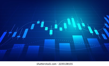 Economy and finance concept. financial business investment statistics with stock market candlesticks and bar chart on blue background