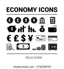 Economy And Finance Icons. Piggy Bank, Coins, Moneybag, Rising And Falling Charts, Bank, Safe, Credir Card, Dollar Symbol And Wallet. Solid Icon.