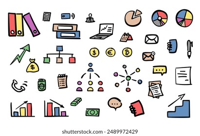 Economy, financial doodles set. Colorful vector collection of hand drawn elements: graphs, charts, folders, money, diagrams, files and others.