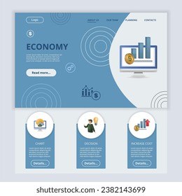 Economy flat landing page website template. Chart, decision, increase cost. Web banner with header, content and footer. Vector illustration.