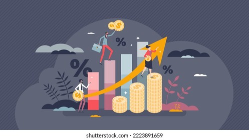 Economy Forecast As Future Financial Situation Prediction Tiny Person Concept. Stock Market Growth With Wealth Upward Trend And Increase Budget Vector Illustration. Banking Percentage Improvement.