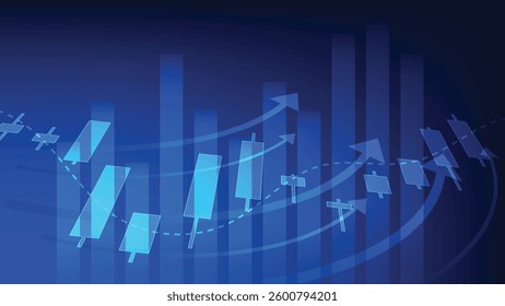 economy growth and business finance investment. candlesticks with bar chart and arrow on blue background