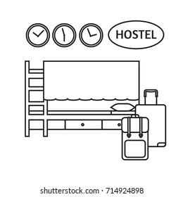 Economy Hostel . Budget hotel dormitory room interior, bunk bed, shared bathroom and common areas vector