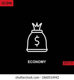 Economy icon outline, line, lineal or linear on black background. Illustration for graphic, print media interfaces and web design.