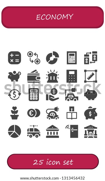 economy icon set. 25 filled economy icons. \
Collection Of - Calculator, Currency, Pie chart, Transfer, Piggy\
bank, Wallet, Financial, Transform, Currency exchange, Payment,\
Electric car