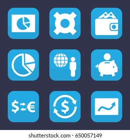 Economy icon. set of 9 filled economy icons such as globe and man, chart, wallet, money exchange, pie chart, piggy bank