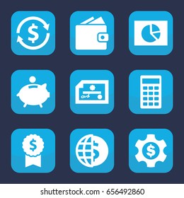 Economy icon. set of 9 filled economy icons such as calculator, piggy bank, dollar gear, wallet, pie chart, money exchange, globe dollar, check