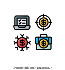 Economy icon set with Briefcase, Laptop, Virus And Target Money, Vector Illustrations.