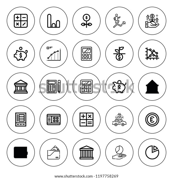 Economy icon set.\
collection of 25 outline economy icons with bank, calculate,\
calculator, electric car, graph, growth, euro, line chart, pie\
chart icons. editable\
icons.
