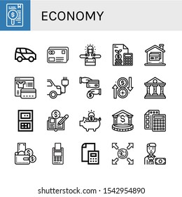 economy icon set. Collection of Payment, Electric car, Credit card, Led lighting, Calculator, Cash back, Exchange, Bank, Economy, Piggy bank, Wallet, Euro, Banker icons