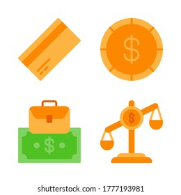 Economy icon set = credit card, dollar coin, briefcase money, law balance dollar.
Perfect for website mobile app, presentation, illustration and any other projects.