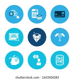 Economy icon set and diamond with certificate, investment strategy and credit card. Calculate related economy icon vector for web UI logo design.