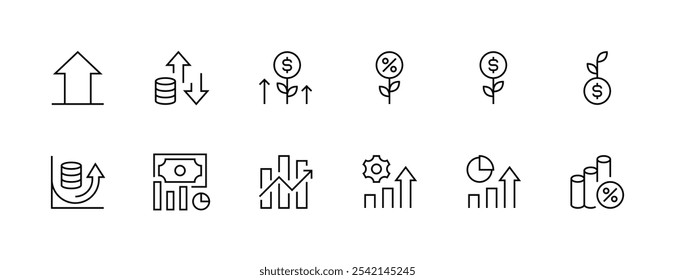 Conjunto de ícones de economia. Crescimento financeiro, negócios, economia, estatísticas, resumo, crescimento, investimento, progresso, ganhos e muito mais. Traçado editável. Pixel perfeito. Grade de 32px.