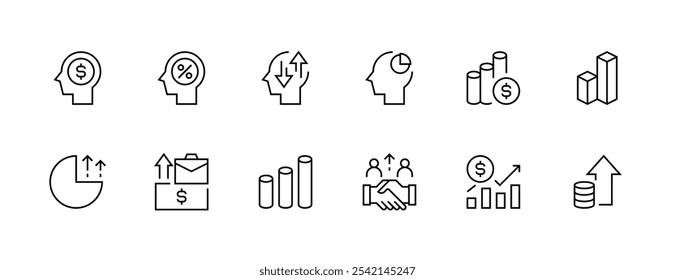 Conjunto de ícones de economia. Crescimento financeiro, negócios, economia, estatísticas, resumo, crescimento, investimento, progresso, ganhos e muito mais. Traçado editável. Pixel perfeito. Grade de 32px.