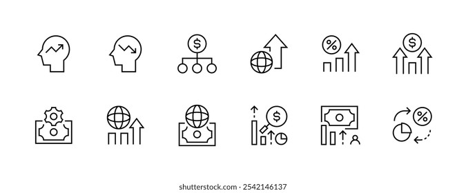 Conjunto de ícones de economia. Aumentar, negócios, finanças, economia, estatísticas, resumo, crescimento, investimento, progresso, ganhos e muito mais. Traçado editável. Pixel perfeito. Grade de 32px.