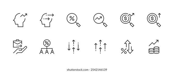 Conjunto de ícones de economia. Aumentar, negócios, finanças, economia, estatísticas, resumo, crescimento, investimento, progresso, ganhos e muito mais. Traçado editável. Pixel perfeito. Grade de 32px.