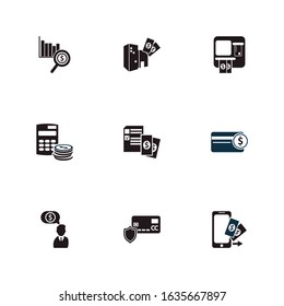 Economy icon set and mobile banking with financial planner, large business and finance calculator. Phone payment related economy icon vector for web UI logo design.