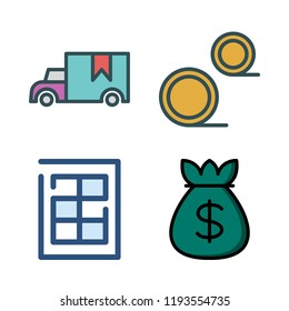 economy icon set. vector set about coins, cargo truck, money bag and finance book icons set.