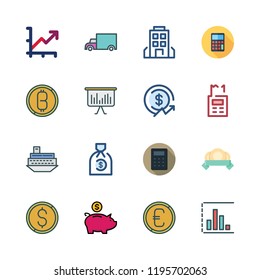 economy icon set. vector set about piggy bank, cargo truck, bitcoin and calculator icons set.