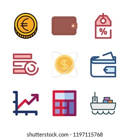 economy icon set. vector set about calculator, investment, coins and wallet icons set.