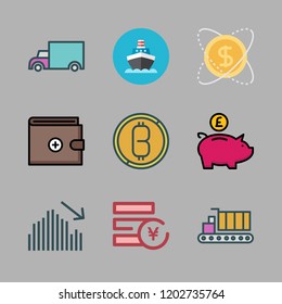 economy icon set. vector set about bar chart, investment, bitcoin and piggy bank icons set.