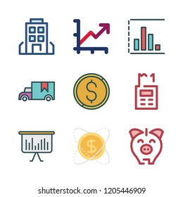 economy icon set. vector set about investment, piggy bank, cargo truck and coin icons set.