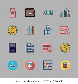 economy icon set. vector set about coins, cargo truck, bar chart and ship icons set.