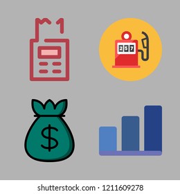 economy icon set. vector set about gas station, calculator, bar chart and money bag icons set.