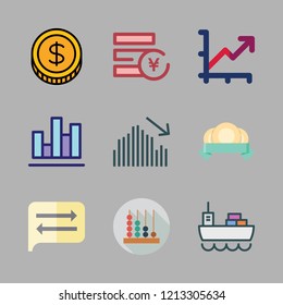 economy icon set. vector set about yen, exchange, coin and cargo ship icons set.