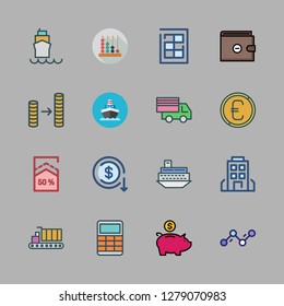 economy icon set. vector set about building, calculator, percentage and coin icons set.
