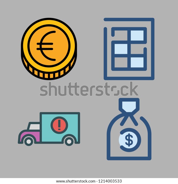 economy icon set. vector set about money
bag, coin, finance book and cargo truck icons
set.