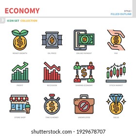 Economy Icon Set,filled Outline Style,vector And Illustration