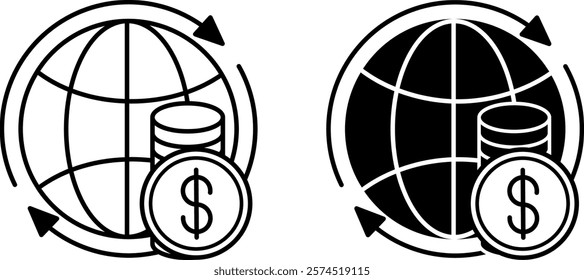 Economy Icons. Black and White Vector Illustrations. Globe and Dollar Coins. Society Sector Concept