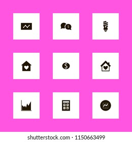 economy icons. graph, house heart, calculator and fluorescent bulb vector icons set
