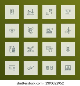 Economy icons line style set with online banking security, miles card, budget calculator and other downward elements. Isolated vector illustration economy icons.