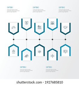 Economy icons line style set with handshake, profit, gold bars partnership elements. Isolated vector illustration economy icons.