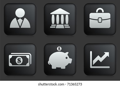 Economy Icons on Square Black Button Collection Original Illustration