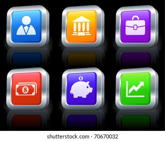 Economy Icons on Square Button Collection with Metallic Rim Original Illustration