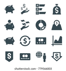 Economy icons. set of 16 editable filled economy icons such as credit card, dollar down, money on hand, money box, graph, pie chart, piggy bank, globe and man, statistic