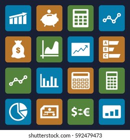 economy icons set. Set of 16 economy filled icons such as calculator, money sack, line graph, piggy bank, chart, graph, statistic, money exchange, pie chart