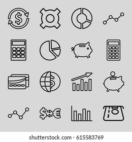 Economy icons set. set of 16 economy outline icons such as ATM money withdraw, calculator, line graph, card, piggy bank, money box, money exchange, pie chart, globe dollar